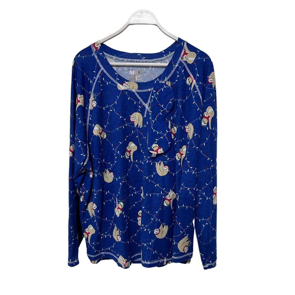 MUK LUKS PRINTED PAJAMA LOUNGE TOP ONLY CHRISTMAS SLOTHS BLUE WOMENS 3X